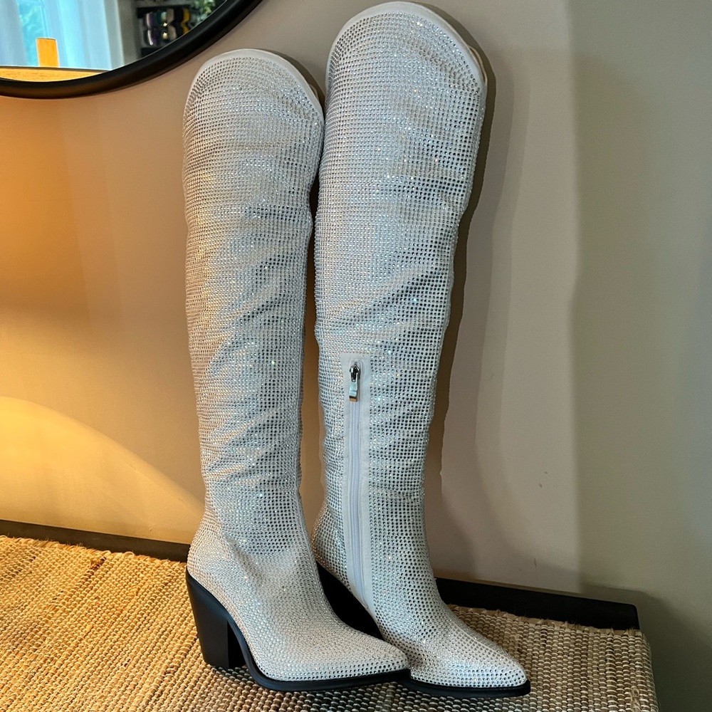 White knee high rhinestone cowgirl boots